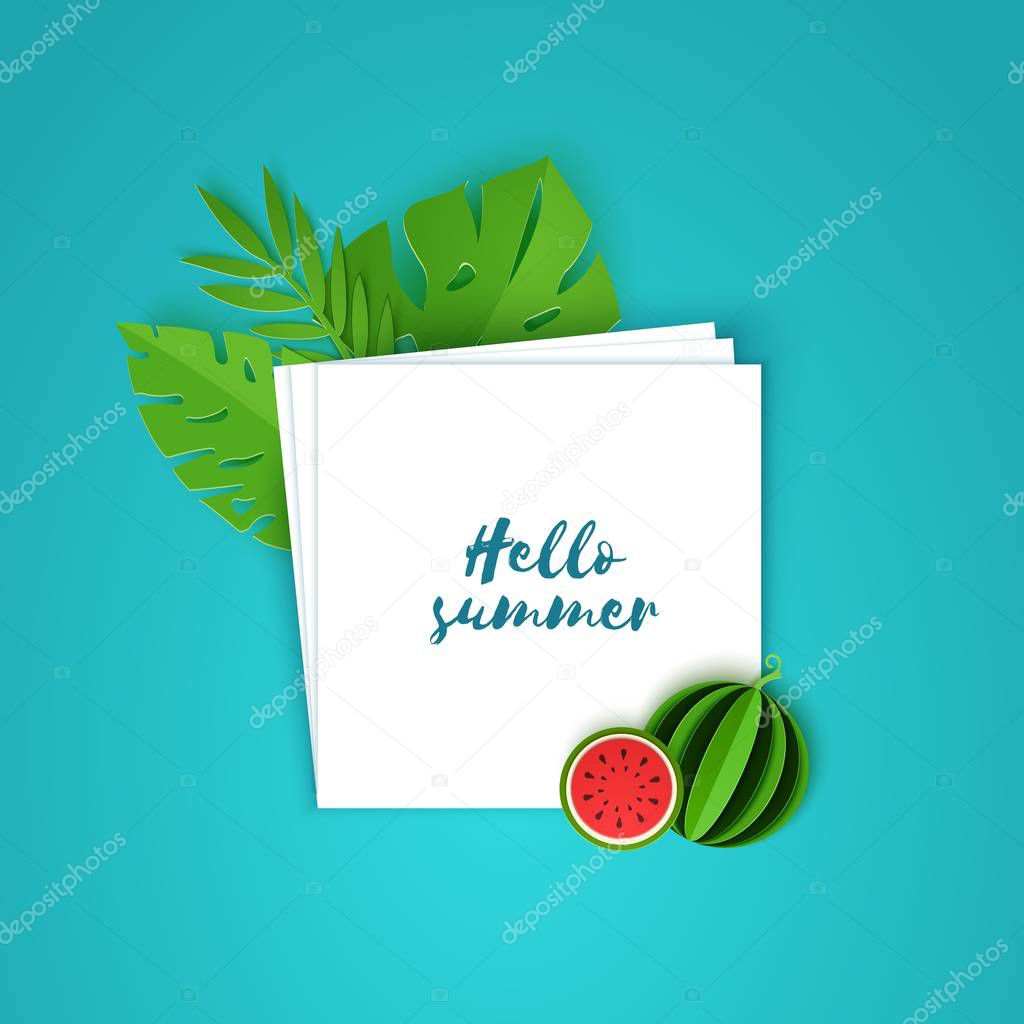 Tropical leaves and watermelon on note paper. Vector card illustration of plants and fruits in paper cut style. Several white sheets lying on top of each other with space for text.