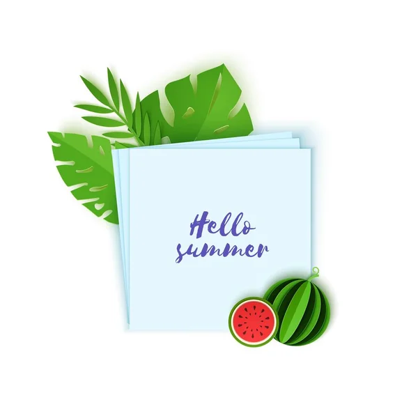 Tropical leaves and watermelon on note paper. Vector card illustration of plants and fruits in paper cut style. Several white sheets lying on top of each other with space for text. — Stock Vector