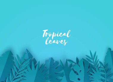 Kağıt kesim tarzında yaz tropikal yaprakların sınır. Mavi arka plan üzerinde Yaratıcı zanaat orman bitkileri koleksiyonu. Kağıt kesme sanat stilinde yaratıcı vektör kartı illüstrasyonu.