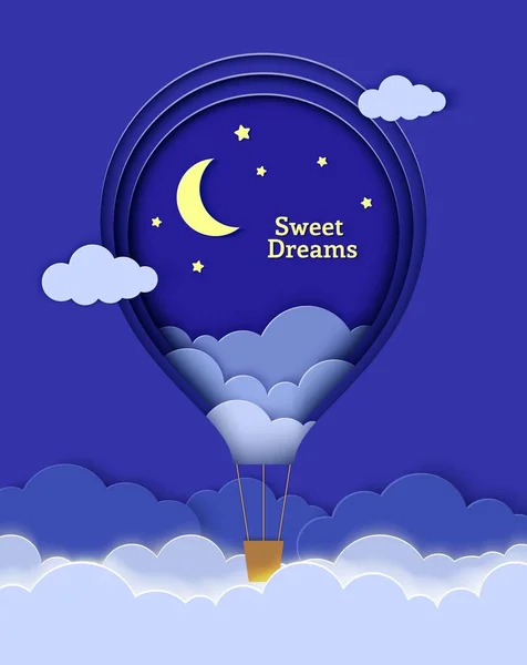Balão de ar quente voando acima das nuvens em estilo de corte de papel. Nuvens de paisagem noturna no céu lua e estrelas. Origami estilo kretivnaya vetor cartão de saudação com os desejos de sonhos doces . —  Vetores de Stock
