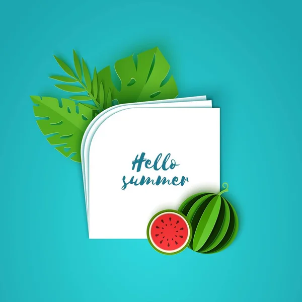 Tropical leaves and watermelon on note paper. Vector card illustration of plants and fruits in paper cut style. Several white sheets lying on top of each other with space for text — Stock Vector