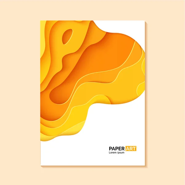 Folheto amarelo abstrato em estilo papel de corte. Modelo de onda laranja recorte para salvar os cartazes da Terra, folhetos ecológicos, apresentações, convites com lugar para o texto. — Vetor de Stock