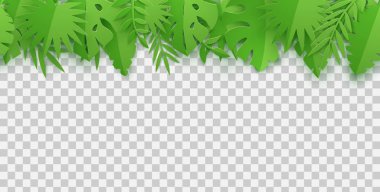 Kağıt kesim tarzında yaz tropikal yaprakların dikişsiz sınırı. Gölge ile Zanaat orman yeşil bitkiler koleksiyonu. Kağıt kesme sanat stilinde yaratıcı vektör kartı illüstrasyonu