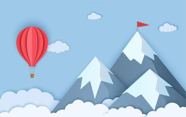 Kağıt kesme tarzıdağlar. Üç karla kaplı dağlar ve uçan kırmızı sıcak hava balonu bulutları ile Manzara. Vektör origami kart illüstrasyon
