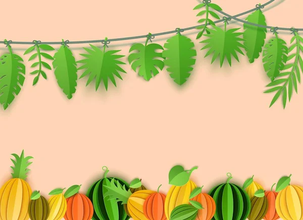 Summer tropical leaves garland and citrus fruits border in paper cut style. Craft jungle plants collection hanging on a rope on beige background. Creative vector card illustration. — Stock Vector
