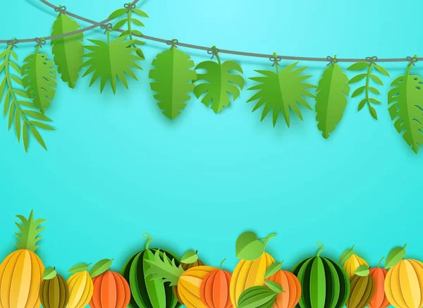 Summer tropical leaves garland and citrus fruits border in paper cut style. Craft jungle plants collection hanging on a rope on blue background. Creative vector card illustration — Stock Vector