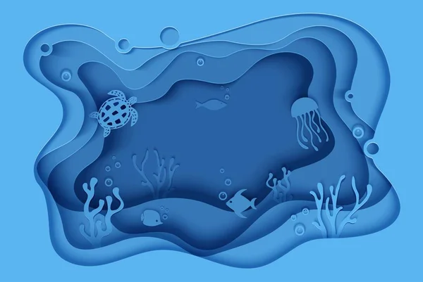 Papier coupé papillon, méduses, morue, tortue. Papier artisanal grotte océanique sous-marine avec des poissons, récif corallien, fonds marins en algues, vagues. Concept de plongée, vie marine bleu profond. Vecteur faune marine . — Image vectorielle