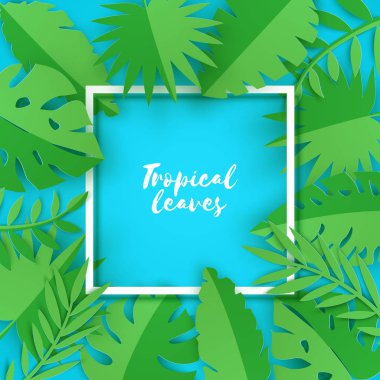Soyut kağıt afiş tasarımı için yaprakları kesti. Parti davetiyesi. Vektör çiçek şablonu. Orman yaprakları illüstrasyon. Tropikal kağıt palmiye, monstera mavi arka plan üzerinde beyaz çerçeve ile yaprakları.