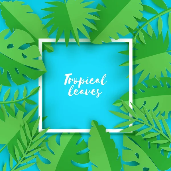 Abstracte papier gesneden bladeren voor banner ontwerp. Uitnodiging voor feestje. Vector Floral sjabloon. Jungle gebladerte illustratie. Tropische papier Palm, Monstera blad met witte frame op blauwe achtergrond. — Stockvector