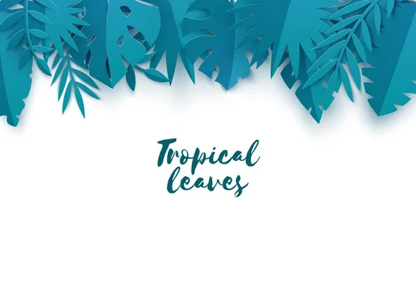 Fronteira de folhas tropicais de verão em estilo de redução de papel. Artesanato criativo coleção de plantas da selva azul no fundo branco. Ilustração de cartão vetorial criativo no estilo de arte de corte de papel — Vetor de Stock