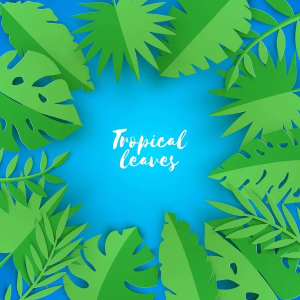 Yeşil tropikal yaprakları, mavi arka plan üzerinde trandy kağıt kesim tarzı bitkiler. Palmiye ağacı, monstera yaprağı ve metin Vektör kartı illüstrasyon için yer ile Egzotik tropikal orman çiçek çerçeve — Stok Vektör
