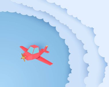 Kırmızı airplain kağıt kesim tarzında bulutlar üzerinden uçar. 3d gökyüzü ve düzlük ile Manzara. Vektör origami poligonal illüstrasyon.