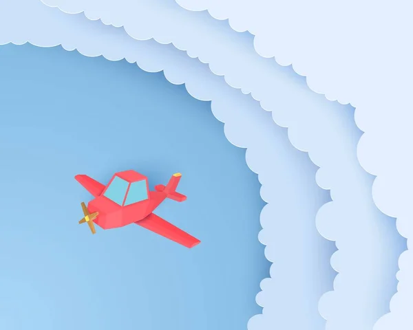 Rote Ebene fliegt im Scherenschnitt-Stil durch die Wolken. Landschaft mit 3D-Himmel und Ebene. Vektor Origami polygonale Illustration. — Stockvektor