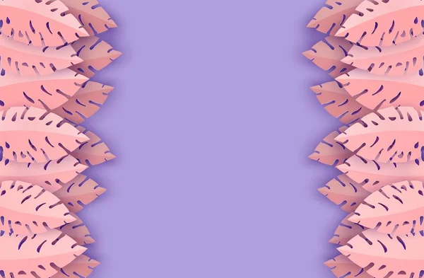 Абстрактний папір вирізає рожеве листя вертикальної рамки для дизайну банерів, запрошення на вечірку. Векторний квітковий шаблон. Ілюстрація листя джунглів. Тропічні паперові пальми листя на фіолетовому фоні . — стоковий вектор