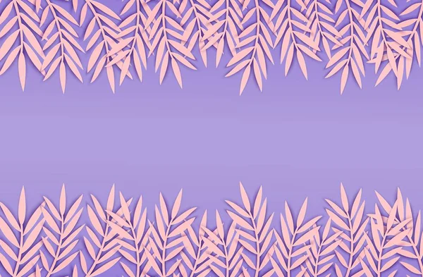 Αφηρημένο χαρτί κομμένα ροζ φύλλα οριζόντια περίγραμμα για το σχεδιασμό banner, πρόσκληση πάρτι. Διάνυσμα floral πρότυπο. Εικόνα από φύλλωμα ζούγκλας. Φύλλα φοίνικα τροπικού χαρτιού σε μωβ φόντο. — Διανυσματικό Αρχείο