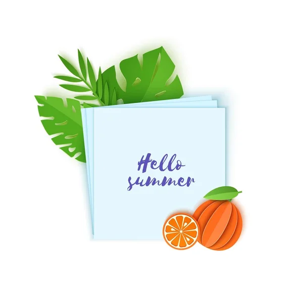 Tropical leaves and orange on note paper. Vector illustration of plants and fruits in paper cut style. Several white sheets lying on top of each other with space for text. — Stock Vector