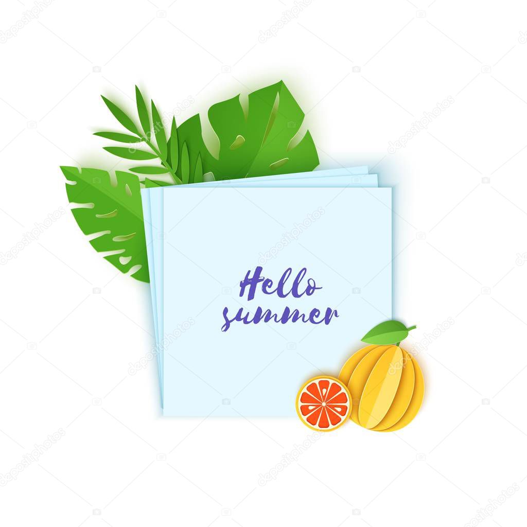 Tropical leaves and grapefruit on note paper. Vector illustration of plants and fruits in paper cut style. Several white sheets lying on top of each other with space for text.