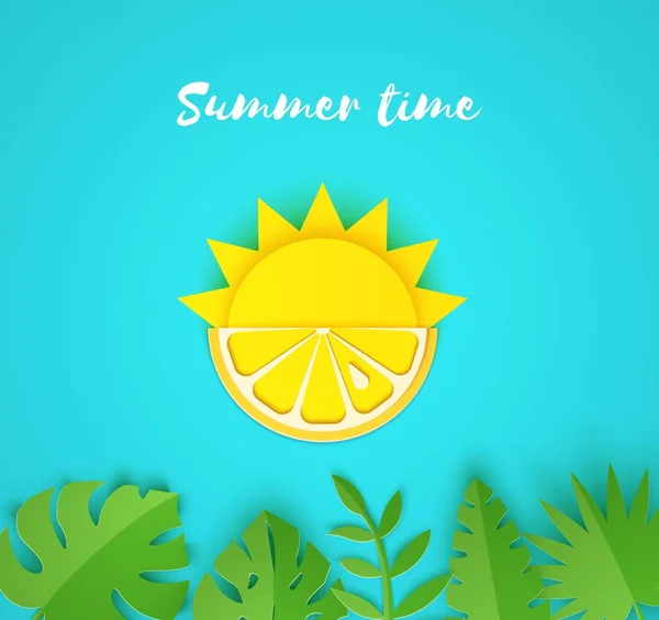 Papel recortado tarjeta de verano. Medio sol y frutas amarillas de limón sobre un fondo azul con hojas de la selva. Ilustración vectorial estilo origami . — Vector de stock