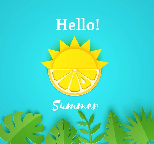 Papel recortado tarjeta de verano. Medio sol y frutas amarillas de limón sobre un fondo azul con hojas de la selva. Ilustración vectorial estilo origami . — Vector de stock