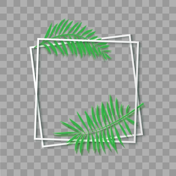 Papier gesneden witte frame met tropische bladeren. Twee schuine vierkante kaders liggen aan elkaar. Vector kaart illustratie met plaats voor de verkoop van reclametekst. PhotoFrame op transparante achtergrond — Stockvector