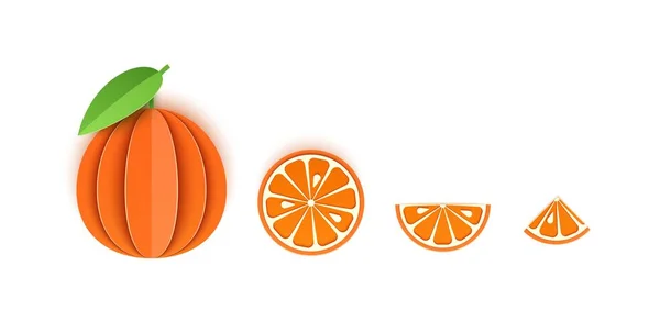 Készlet mandarin szeletelt papír citrus gyümölcs szeletelt teljes, háromszög és kerek szelet, design bármilyen célra. Nyári citrusfélék, lédús ételek. Vektoros 3D térképillusztráció. Trópusi papír rétegekből gyümölcs — Stock Vector