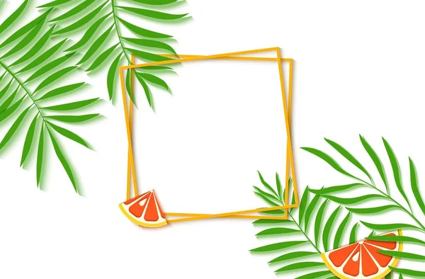 Papel cortado dos marcos cuadrados amarillos con hojas de palma tropical y rodajas de cítricos naranja. Ilustración de tarjetas vectoriales con lugar para vender texto publicitario sobre fondo verde oscuro — Archivo Imágenes Vectoriales