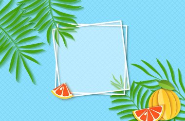 Kağıt yeşil tropikal palmiye yaprakları ve dilim ve bütün greyfurt narenciye ile iki beyaz kare çerçeveler kesti. Mavi arka plan üzerinde reklam metni satmak için yer ile vektör kartı illüstrasyon