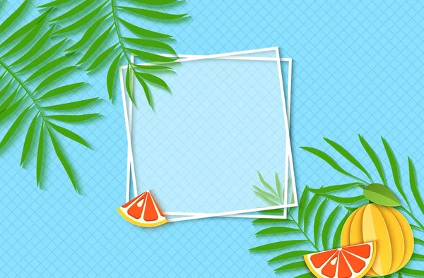 Papier knippen twee witte vierkante frames met groene tropische Palm bladeren en slice en hele grapefruit citrusvruchten. Vector kaart illustratie met plaats voor de verkoop van reclametekst op blauwe achtergrond — Stockvector