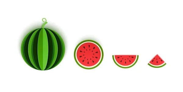Paper cut watermelon berry diiris dengan utuh, segitiga dan bulat. Musim panas, melon hijau manis makanan juicy. Vektor kartu 3d ilustrasi. Lapisan kertas tropis buah - Stok Vektor