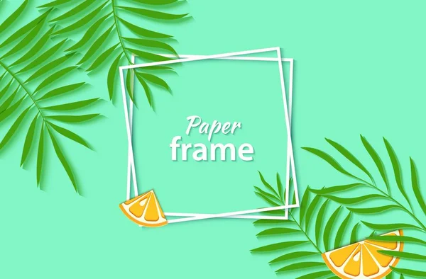 Paper cut two white square frames with tropical palm leaves and slice orange citrus fruit. Vector card illustration with place for selling advertising text on green background — Stock Vector
