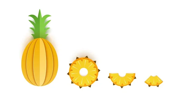 Satz Ananas in Scheiben geschnittenes Papier Zitrusfrüchte in Scheiben geschnitten ganze, dreieckige und runde Scheiben, Design für jeden Zweck. Sommer Zitrusfrüchte, saftige Speisen. Vektor 3D-Kartenillustration. tropische Papierschichten mit Früchten. — Stockvektor