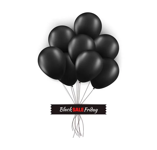 Black Friday promo konsepti. Beyaz arka plan üzerinde izole siyah bant ile yapıştırılmış dizeleri ile siyah balonlar Demet . Grafik tasarımınız için vektör kartı çizimi — Stok Vektör
