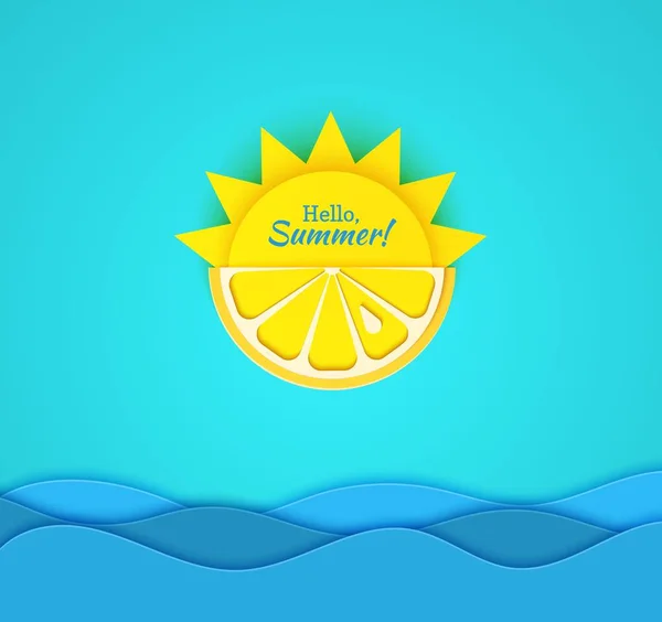 Papel recortado tarjeta de verano. Medio sol y frutas amarillas de limón sobre un fondo azul con olas marinas. Ilustración vectorial estilo origami . — Vector de stock
