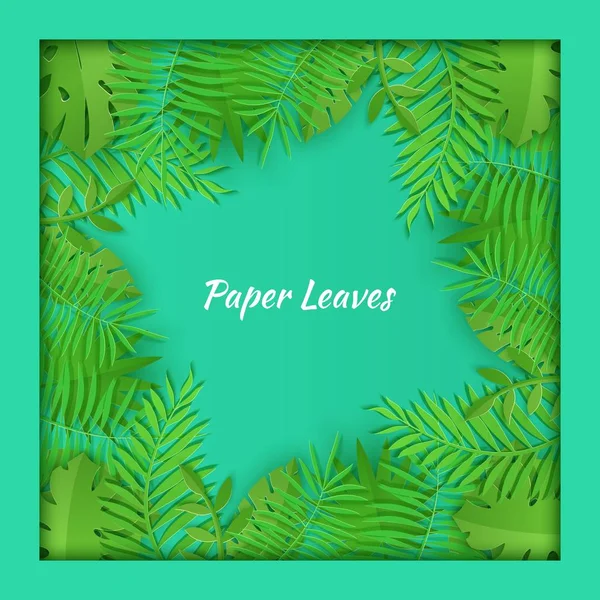 Square frame of summer tropical leaves in paper cut style. Craft jungle plants collection on green background. Creative vector card illustration in paper cutting art style. — Stock Vector