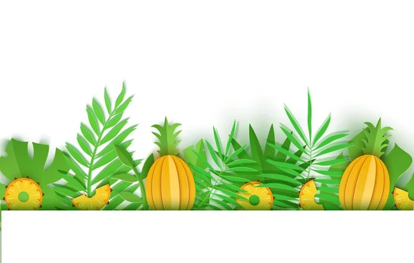 Naadloze rand van de zomer tropische verlaat een ananas in papier knippen stijl. Ambachtelijke jungle groene planten botanische collectie met schaduw. Creatieve vectorkaart illustratie in papier snijden kunststijl. — Stockvector