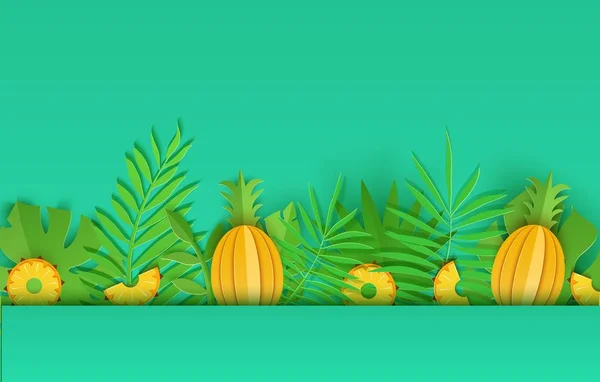 A borda perfeita do verão tropical deixa um abacaxi no estilo de redução de papel. Artesanato selva verde plantas coleção botânica com sombra. Ilustração de cartão vetorial criativo no estilo de arte de corte de papel . —  Vetores de Stock