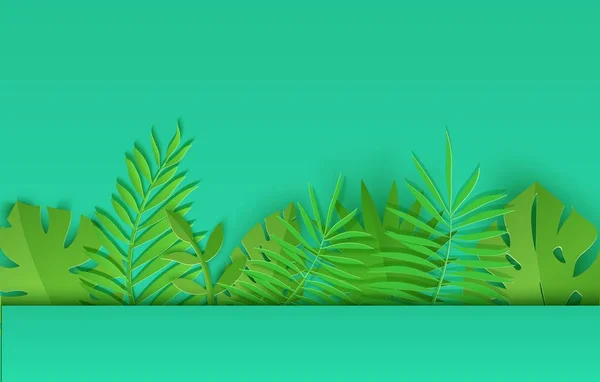Frontera de hojas tropicales de verano en estilo de corte de papel. Colección de plantas artesanales de la selva sobre fondo verde. Ilustración de tarjetas vectoriales creativas en estilo de arte de corte de papel . — Vector de stock