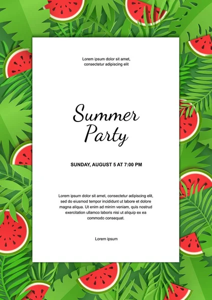 Paper cut white sheet with heavy foliage and watermelon berry. Green jungle leaves and slice fruit frame. Vector card illustration with place for advertising text, party invitation, announcements. — Stock Vector