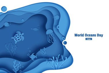 Kağıt kesilmiş butterflyfish, denizanası, moonfish, kaplumbağa. Balık ile kağıt zanaat sualtı okyanus Mağarası, mercan resifi, yosun, dalgalar deniz dibi. Dalış konsepti, derin mavi deniz yaşamı. Vektör deniz yaban hayatı