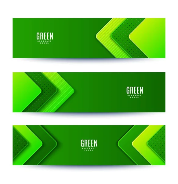 Abstrahieren drei grüne Banner mit geschichteten Winkelformen. Vektorflyer minimalistisches Papier schneiden geometrisches Muster. Designkonzept zur Feier des Tages der Erde, Öko-Flyer. — Stockvektor