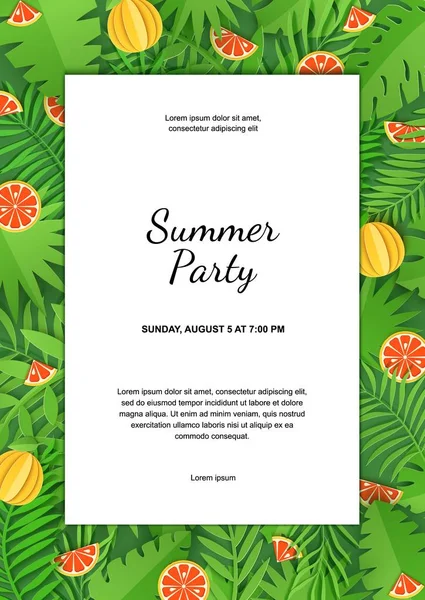 Paper cut white sheet with heavy foliage and citrus grapefruit. Green jungle leaves and slice fruit frame. Vector card illustration with place for advertising text, party invitation, announcements. — Stock Vector