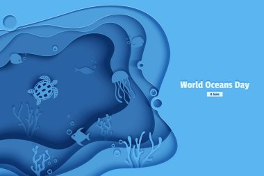 Kağıt kesilmiş butterflyfish, denizanası, moonfish, kaplumbağa. Balık ile kağıt zanaat sualtı okyanus Mağarası, mercan resifi, yosun, dalgalar deniz dibi. Dalış konsepti, derin mavi deniz yaşamı. Vektör deniz yaban hayatı