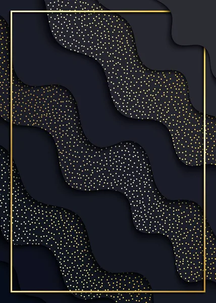 Papercut abstract wave black shape background with gold dots and frame pattern. Layered backdrop with dark grey wavy line form paper and shadow. Vertical vector wallpaper in a trendy style — Stock Vector