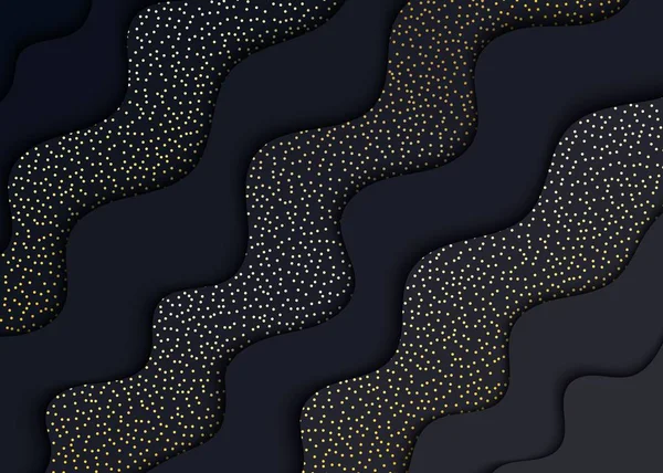 Χαρτοκοπτό αφηρημένο κύμα μαύρο σχήμα φόντο με χρυσές κουκίδες μοτίβο. Πολυεπίπεδη φόντο με σκούρο γκρι κυματοειδούς μορφής χαρτί και σκιά. Οριζόντιο διανυσματικό φόντο για διαφημιστικό Φέιγ βολάν σε μοντέρνο στυλ — Διανυσματικό Αρχείο