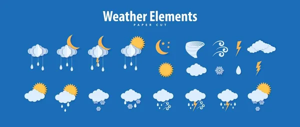 Ikony počasí ve stylu střihu papíru Vektorový papír vyřezává klimatické prvky mraky dešťové bouře hromů pro meteorologický plakát. Origami umělecké tvůrčí symboly bouře — Stockový vektor