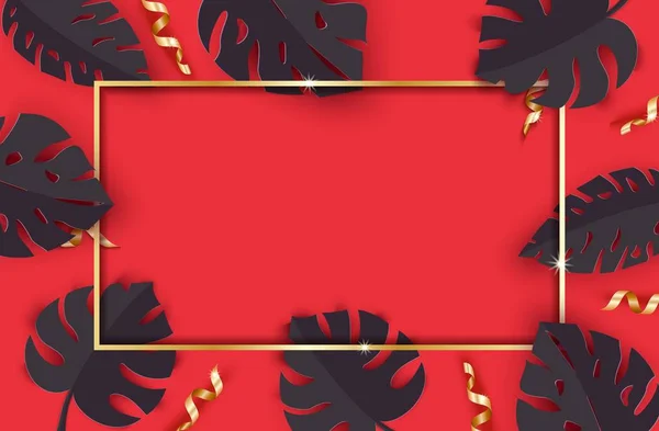 Foglie tropicali estive nere e serpentino dorato su sfondo rosso in stile taglio carta. Collezione di piante di giungla artigianali con cornice e coriandoli. Scheda vettoriale illustrazione nero venerdì promozione design — Vettoriale Stock