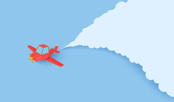 Röd Airplain flyger i blå himmel genom molnen i papper skära stil. Landskap med 3D origami kondensstrimmor bakom Plaine. Vektor origami månghörnigt illustration. — Stock vektor