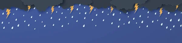 Lluvia truenos relámpagos y nubes en el estilo de corte de papel. Concepto de clima de tormenta vectorial con gotas de agua que caen del cielo nocturno nublado y destello. Banner horizontal de fondo Storm papercut. — Archivo Imágenes Vectoriales