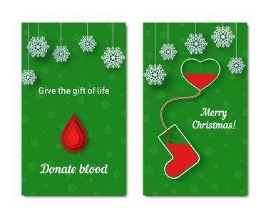 Kalpten damara kan akışının kırmızı damlaları halat üzerinde kar taneleri ile Noel çorap şeklinde ... Vektör seti Kağıt kesme tarzında teşekkür kartı. Kan transfüzyonu yaratıcı poster konsepti.
