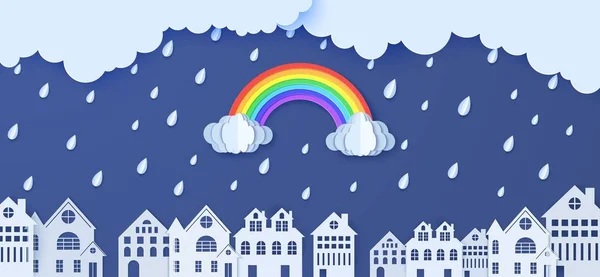 Regenbogenregen und Wolken über Häusern im Scherenschnitt-Stil. Vektorwolken und Regen vor blauem Himmel und städtischen Gebäuden. Monsun Verkauf Werbung Förderung kreative Banner Vorlage. — Stockvektor
